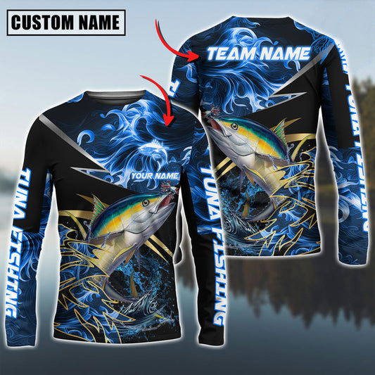 Bluejose Tuna Fishing Blue Flame Premium Golden & Silver Line Pattern Custom Name & Team Name 3D Shirts