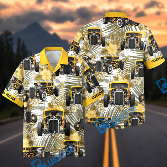 Bluejose Personalized Car Yellow Flame Hot Rod Tropical Floral Hawaiian Shirt