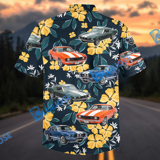 Bluejose Personalized Classic Muscle Car Yellow Floral Tropical Hawaiian Shirt
