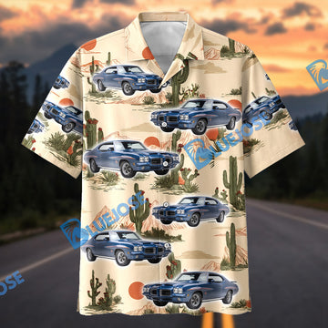 Bluejose Personalized Classic Blue Muscle Car Desert Cactus Landscape Hawaiian Shirt