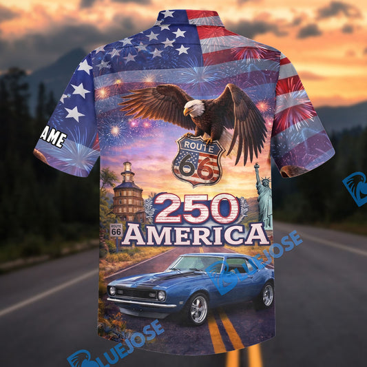 Bluejose Personalized America 250 Route 66 Bald Eagle Classic Car Hawaiian Shirt