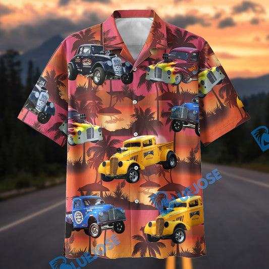 Bluejose Custom Car Vintage Hot Rod Trucks Tropical Sunset Hawaiian Shirt