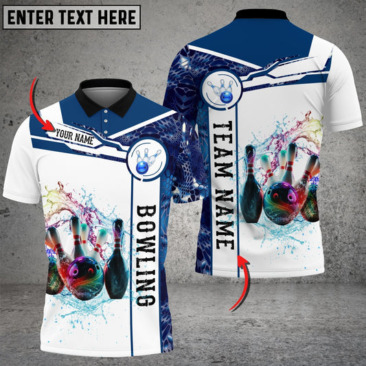 BlueJose Blue And White Bowling Water Ball And Pins Customized Name 3D Shirt, Personalized Shirts For Bowling Players