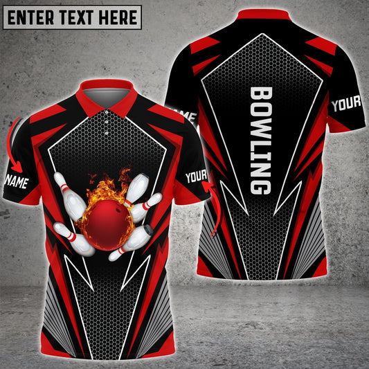 BlueJose Red Bowling And Pins Flame Hexagon Pattern Premium Customized Name 3D Shirt