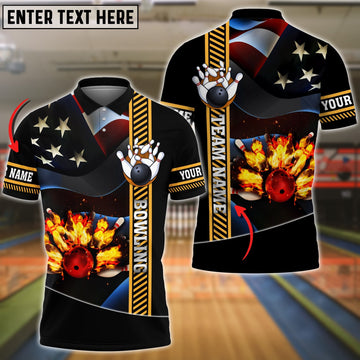 BlueJose Bowling Ball And Pins Flame USA Flag Pattern Premium Customized Name 3D Shirt
