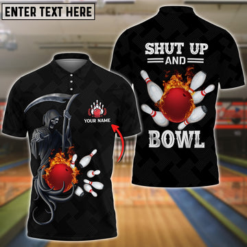 BlueJose Bowling And Pins Flame Black Skull Pattern Premium Customized Name 3D Shirt