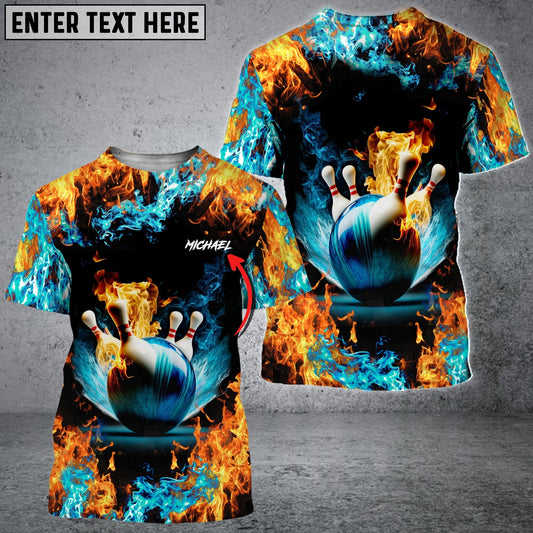 BlueJose Blue Bowling Ball And Pins On Fire Customized Name 3D Shirt