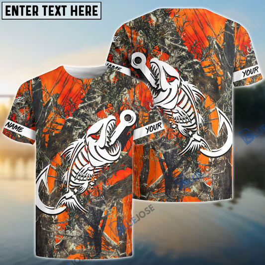 BlueJose Orange Camo Fish Hook Skull Custom Name 3D Shirt