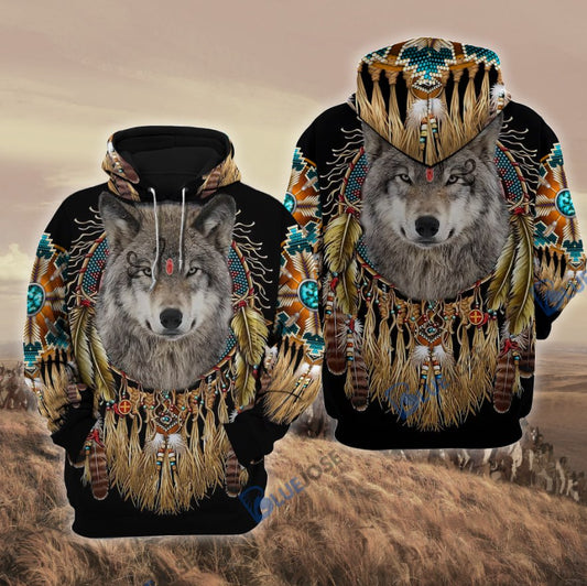 BlueJose Beautiful Tribal Native Wolf 3D  Hoodie