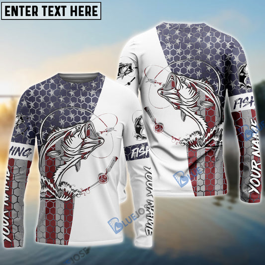 Bluejose Bass Fishing American Flag Custom Long Sleeve Performance Fishing Shirts, Persoanlized Patriotic Bass FishingĂ¢Â