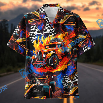 Bluejose Hot Rod Formula Racing Car Fire Checkered Flag Hawaiian Shirt