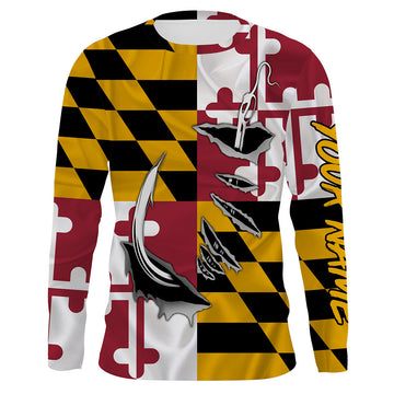 Bluejose Maryland Flag 3D Fish Hook   Custom Long Sleeve Performance Fishing Shirts