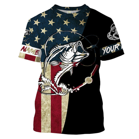 Bluejose Personalized Bass Fishing American Flag Personalized Name 3D Shirts