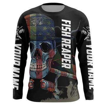 BlueJose Halloween American Flag Fish Skull Reaper Fishing Custom Name Long Sleeve Fishing Shirts