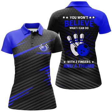 BlueJose Ladies Blue & Black Bowling With 2 Fingers and A Thumb Premium Customized Name 3D Shirt For Women Personalized Shirts For Bowling Players