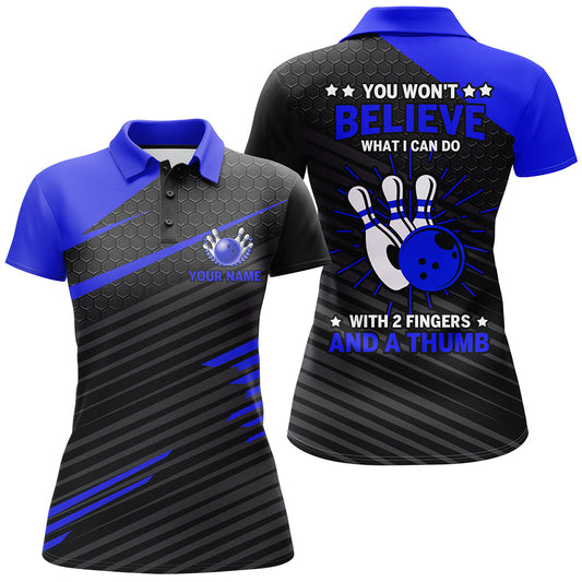 BlueJose Ladies Blue & Black Bowling With 2 Fingers and A Thumb Premium Customized Name 3D Shirt For Women Personalized Shirts For Bowling Players