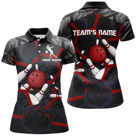 BlueJose Red Camo Bowling Hexagon Pattern Premium Customized Name 3D Shirt For Women, Personalized Shirts For Bowling Players
