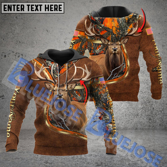 BlueJose Customized Name Wilderness Elk Hunting American Flag 3D Shirt (2 Colors)