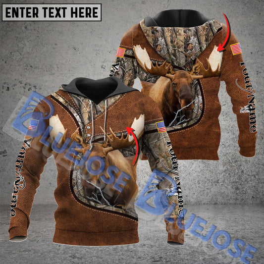 BlueJose Customized Name Wilderness Moose Hunting American Flag 3D Shirt (2 Colors)