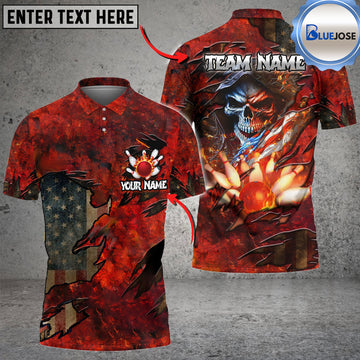 BlueJose Bowling And Pins Skull American Flag Multicolor Customized Name 3D Shirt ( 4 Colors )