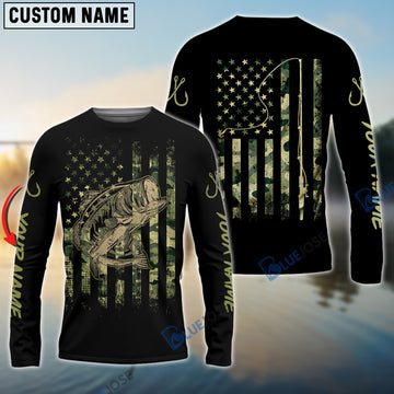 Bluejose Bass Fishing Camo American Flag Custom Long Sleeve Fishing Shirts , Personalized Patriotic Fishing Gifts