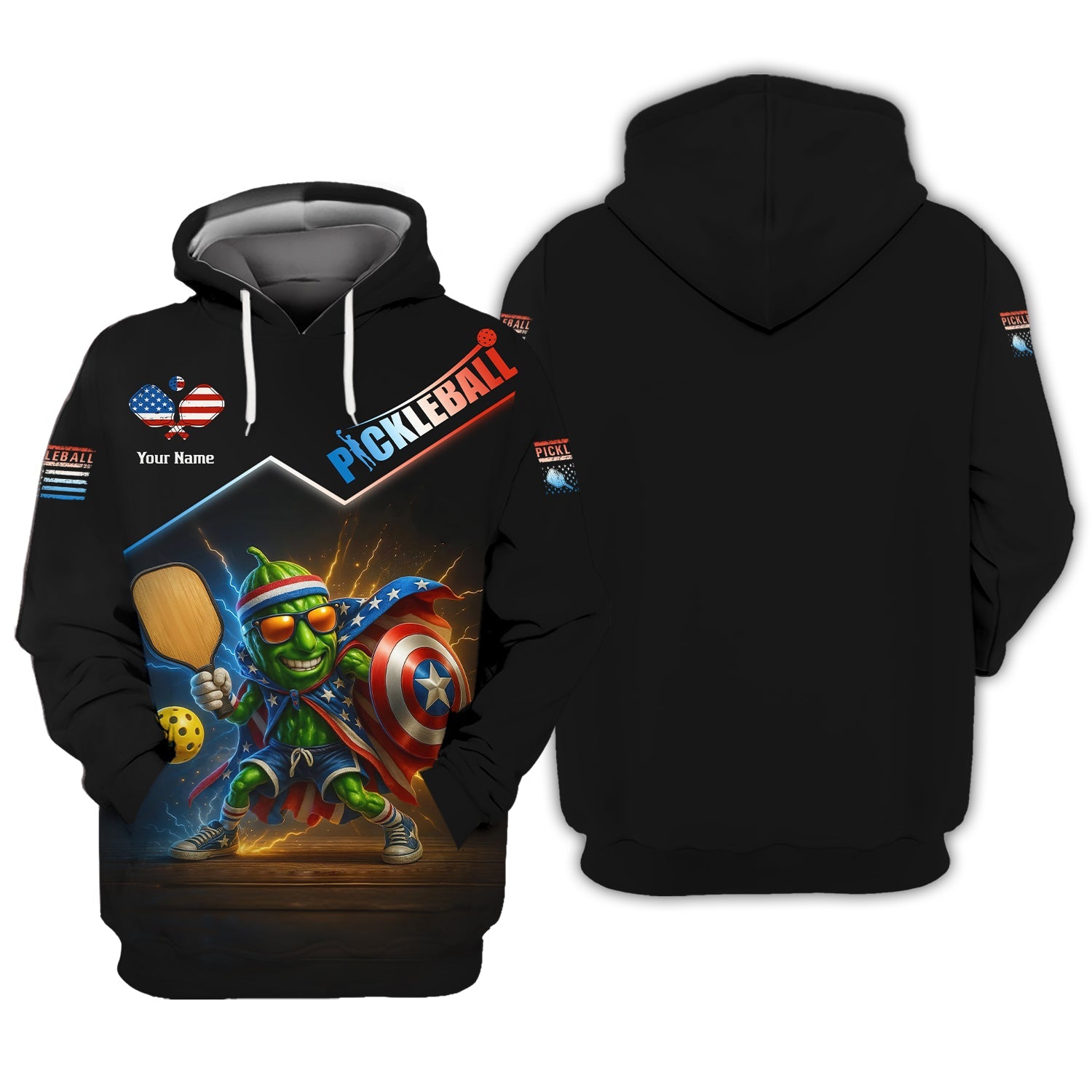 Custom Name Pickleball Shirt – USA Flag Pickle Hero Design – Funny Patriotic Tee for Players