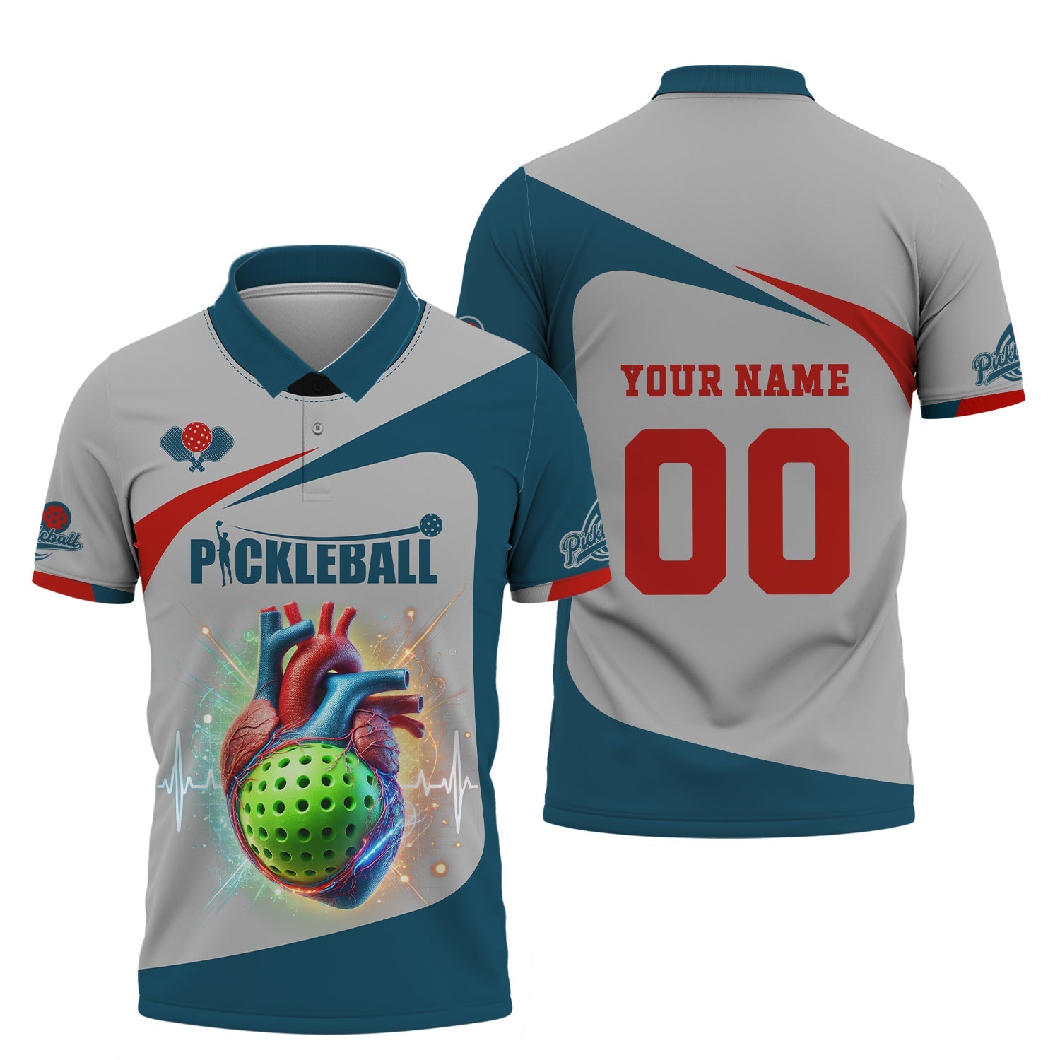 Custom Name & Number Design Pickleball 3D T-Shirts Heartbeat, Pickleball Polo Shirt, Gift For Pickleball Player