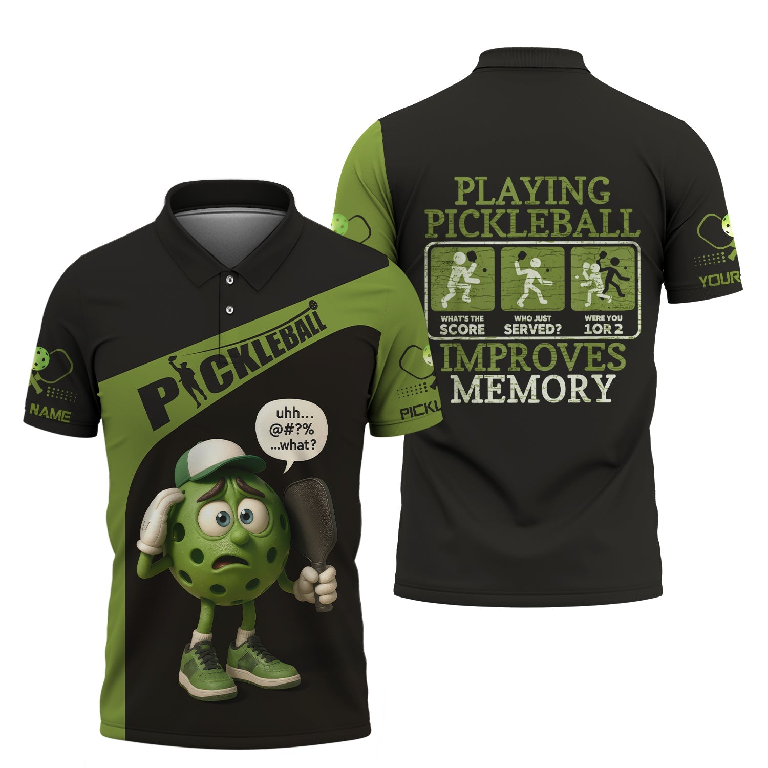 Custom Funny Pickleball T Shirt Green, Pickle Ball Charactor, Playing Pickleball Improves Memory, Pickleball Gift for Players