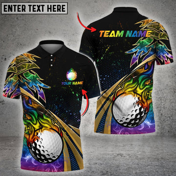 BlueJose  Golf Fire Golden Line Premium Multicolor Option Customized Name, Team Name 3D Polo Shirt (6 Colors)