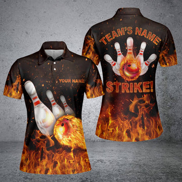 BlueJose Flames Bowling Strike Personalized All Over Printed Shirt For Women