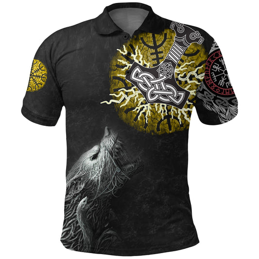 BlueJose Viking Style Polo Shirts - Fenrir Fight Mjolnir of Thor on Helm Of Awe