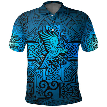 BlueJose Viking Style Polo Shirt - Raven Odin Celtic Cyan