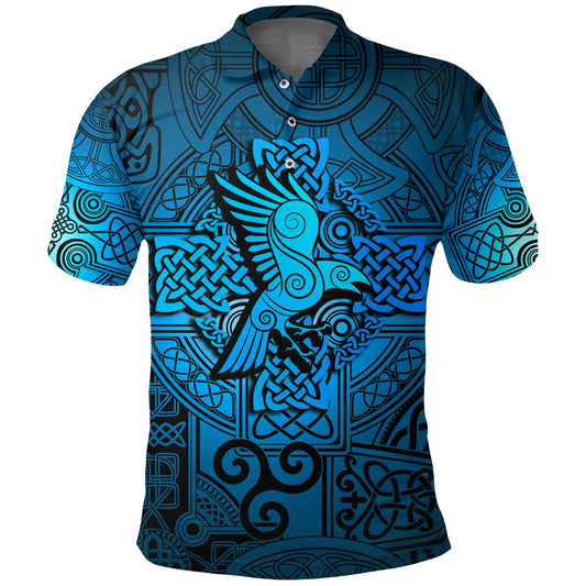 BlueJose Viking Style Polo Shirt - Raven Odin Celtic Cyan