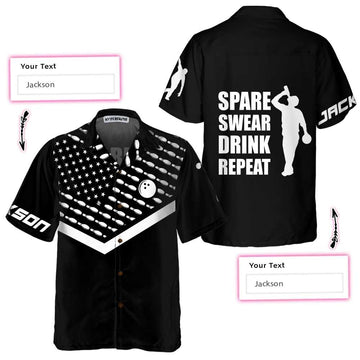 BlueJose Bowling Spare Swear Drink Repeat Personalized Name Hawaiian Shirt