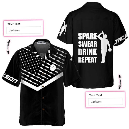 BlueJoses Bowling Spare Swear Drink Repeat Personalized Name Hawaiian Shirt
