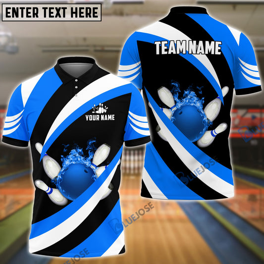 BlueJose Bowling and Pins Wave Pattern Customized Name 3D Shirt (4 Colors)