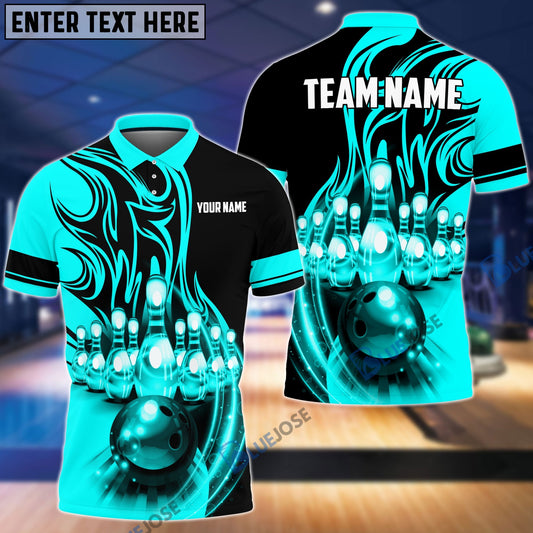 BlueJose Flame Bowling Ball Break Pins Personalized Name and Team Name 3D Shirt (4 Colors)