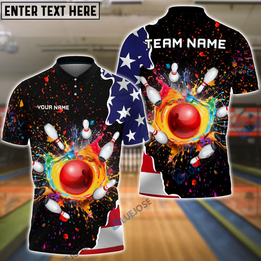 BlueJose Bowling And Pins Colorful Paint Flag Personalized Name Team Name 3D Shirt
