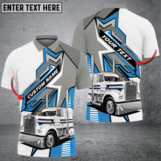 Bluejose Truck White and Grey Personalized Name 3D Polo Shirt For Truck Driver