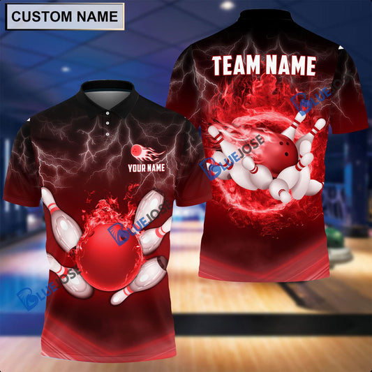 BlueJose Personalized Name and Team Name Thunder Color Bowling and Pins 3D Shirt