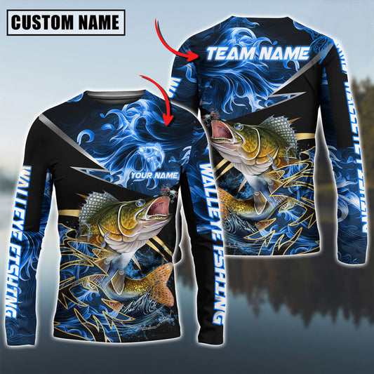 Bluejose Walleye Fishing Blue Flame Premium Golden & Silver Line Pattern Custom Name & Team Name 3D Shirts