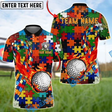 BlueJose Golf Puzzle Pattern Flaming Ball Autism Awareness Custom Name & Team Name 3D Shirts
