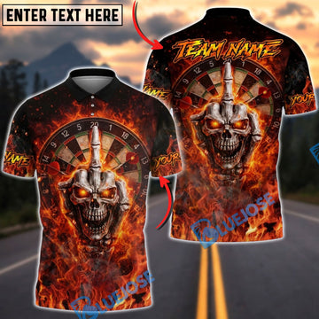 BlueJose Darts Flaming Skull Face Skeleton Middle Finger Dartboard Multicolor Options Personalized Name Shirt (4 Colors)