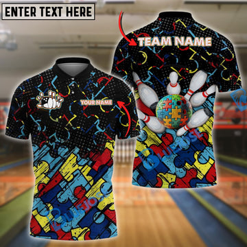BlueJose Bowling And Pins Autism Awareness Puzzle Customized Name, Team Name 3D Shirt