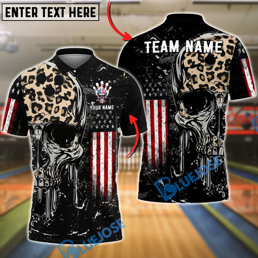 BlueJose Bowling Patriotic Skull Leopard American Flag Personalized Name, Team Name 3D Shirt