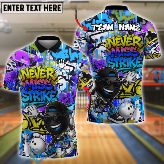 BlueJose Bowling And Pins ‚ÄúNever Miss Strike‚Äù Urban Hip-Hop Customized Name, Team Name 3D Shirt (4 Colors)