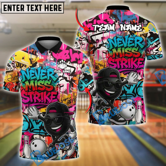BlueJose Bowling And Pins ‚ÄúNever Miss Strike‚Äù Urban Hip-Hop Customized Name, Team Name 3D Shirt (4 Colors)