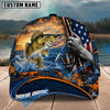 BlueJose Fishing Sunset American Flag Reel Design Personalized Name Classic 3D Cap Personalized Cap (13 Breeds)