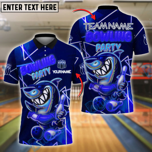 BlueJose Bowling And Pins Neon Shark Theme Bowling Party Customized Name, Team Name 3D Shirt (4 Colors)