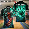 BlueJose Bowling & Pins Flaming Skull with American Flag Fire Bowling Ball Back Design Customized Name, Team Name 3D Shirt (4 Colors)